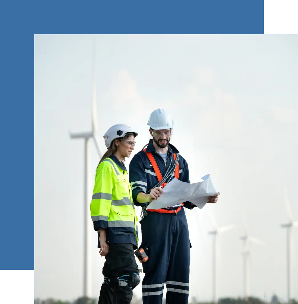 Two workers in safety gear discussing plans at a wind farm.